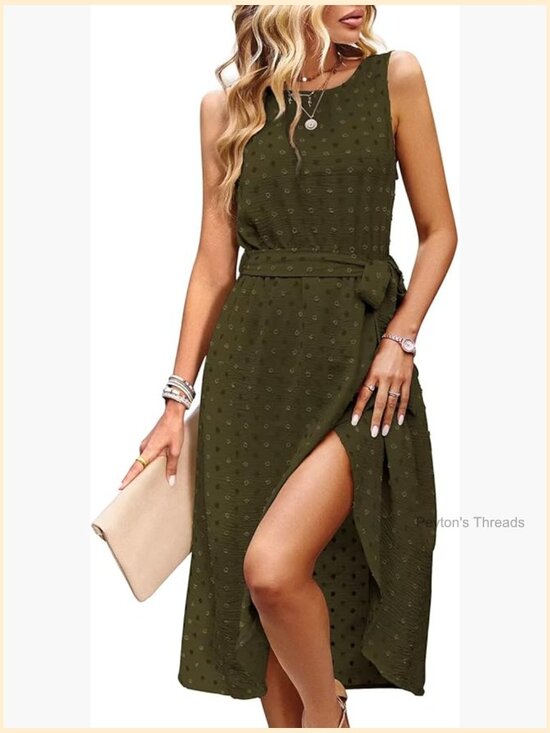 Dresses & Skirts - Belted Sleeveless Split Midi Dress with Pockets Crew Neck Boho Sundress